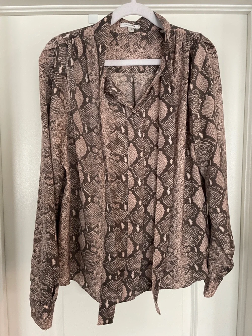 Stella & Dot Taupe and Brown Snake-Print Tie-Neck Blouse - Picture 8 of 16